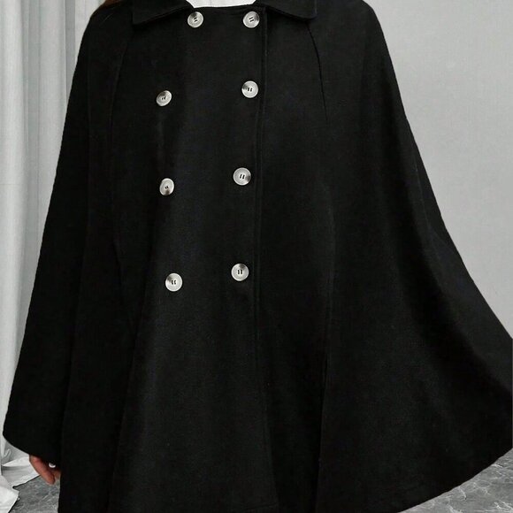 Black Elegant Women's Plus Size Button Poncho Sleeve Wool Coat - Picture 5 of 6